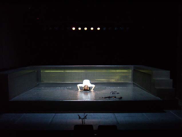DAS MISSVERSTÄNDNIS, Deutsches Theater, Bühne: Alissa Kolbusch. Man sieht ein rechteckiges Riesen-Aquarium , in der Mitte kniet eine Frau in einer Wasserpfütze , schaut und spricht in das Wasser auf dem Boden.